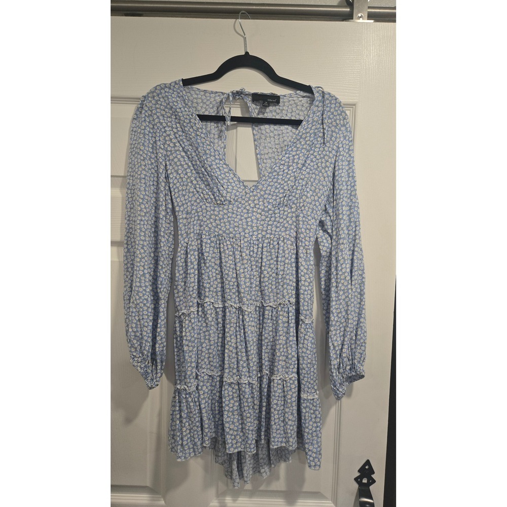 SBetro Blue Daisy Floral Tiered Mini Dress V-Neck Open Back Long Sleeve Medium